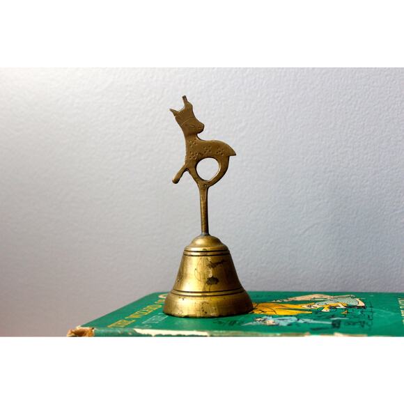 Vintage Brass Reindeer School Bell, Christmas Holiday Decorations, Patina - Picture 2 of 5